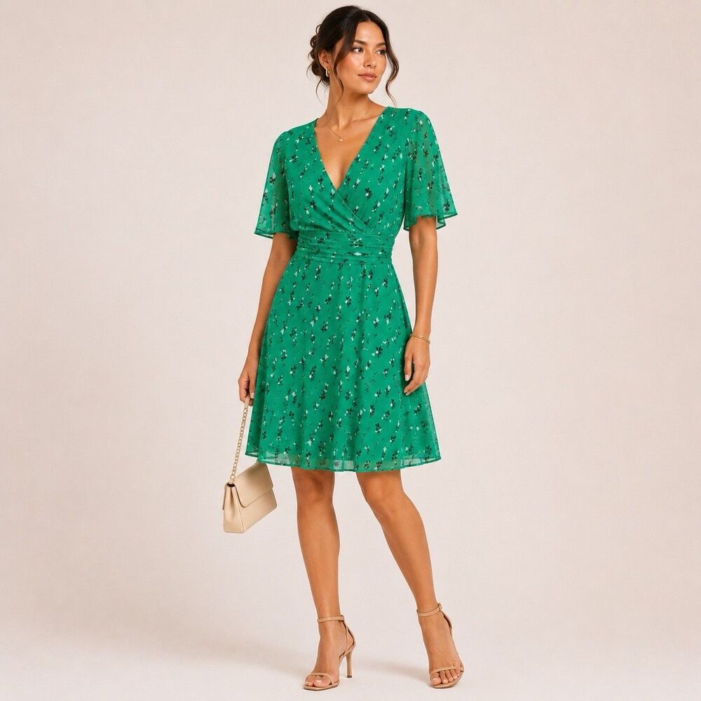 Maison Jules Chiffon Green Hearts Printed Short Sleeve Dress Women Sz 14  V-neck
